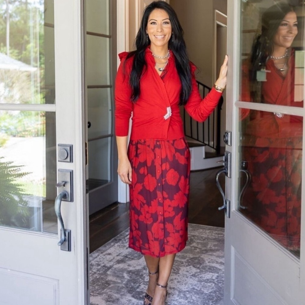 Cabi Red Floral Shirt Dress or Long Cardigan Small - Picture 2 of 4